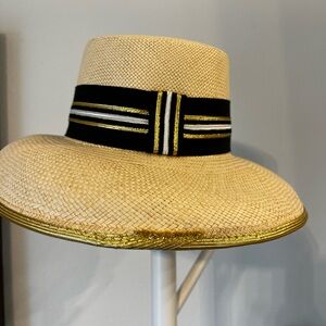 Importina Straw Boater Hat Black Ribbon Band Resort Vacation